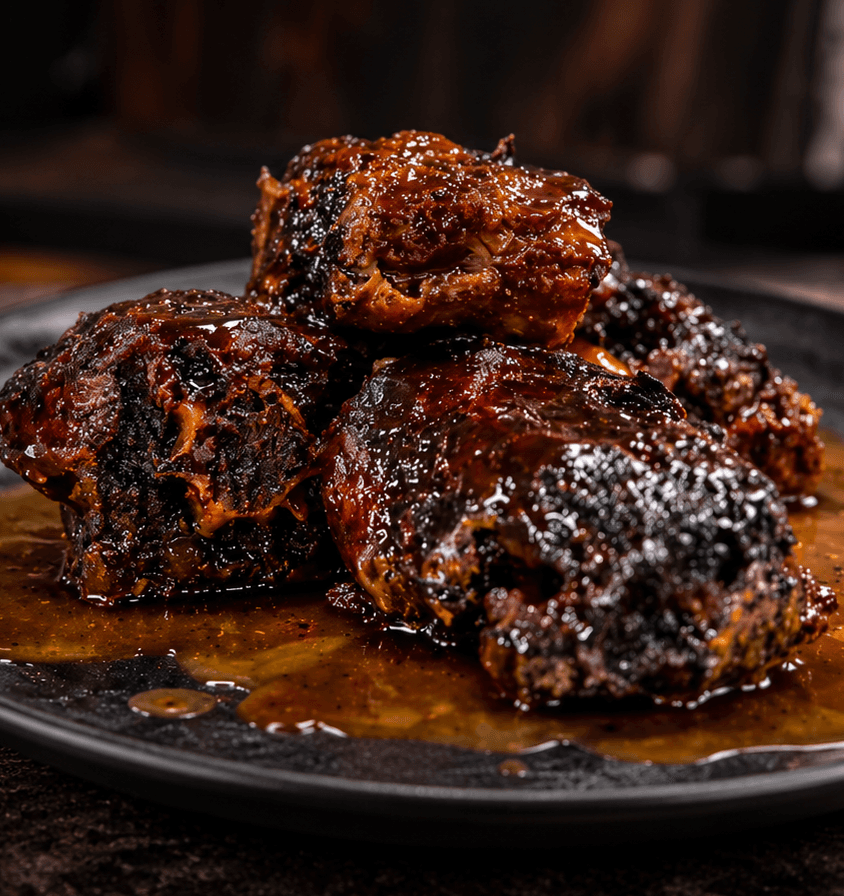 Glossy smoked oxtail on a dark plate